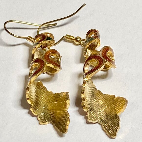 Vintage Cloisonne Hibiscus Flower Earrings Hawaiian Red Floral Enamel Gold Tone - Picture 6 of 11